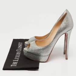 Pre Owned Christian Louboutin Silver Glitter Lady Peep Pumps Size 38.5