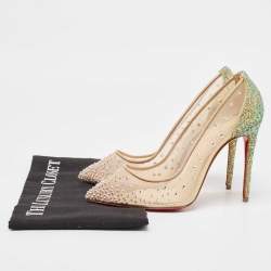 Pre Owned Christian Louboutin Beige/Metallic Mesh and Glitter Follies Strass Pumps Size 36