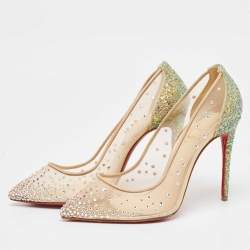 Pre Owned Christian Louboutin Beige/Metallic Mesh and Glitter Follies Strass Pumps Size 36
