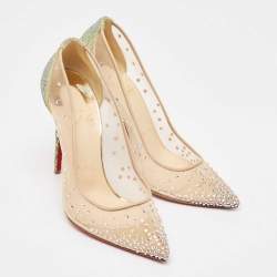 Pre Owned Christian Louboutin Beige/Metallic Mesh and Glitter Follies Strass Pumps Size 36
