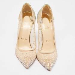 Pre Owned Christian Louboutin Beige/Metallic Mesh and Glitter Follies Strass Pumps Size 36