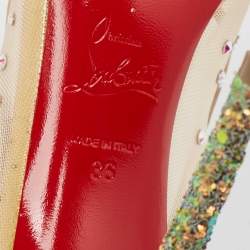 Pre Owned Christian Louboutin Beige/Metallic Mesh and Glitter Follies Strass Pumps Size 36