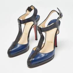 Pre Owned Christian Louboutin Black/Blue Leather T-Bar Ankle Strap Pumps Size 36.5