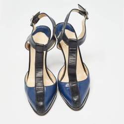 Pre Owned Christian Louboutin Black/Blue Leather T-Bar Ankle Strap Pumps Size 36.5