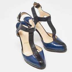 Pre Owned Christian Louboutin Black/Blue Leather T-Bar Ankle Strap Pumps Size 36.5