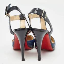 Pre Owned Christian Louboutin Black/Blue Leather T-Bar Ankle Strap Pumps Size 36.5