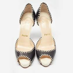مملوكة مسبقًا Christian Louboutin Black Leather Whipstitch Detail Peep Toe D'Orsay Pumps Size 37.5