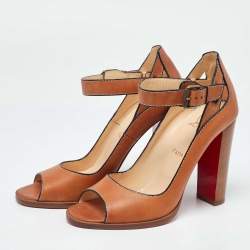 Pre Owned Christian Louboutin Brown Leather Open Toe Block Heel Ankle Strap Sandals Size 40