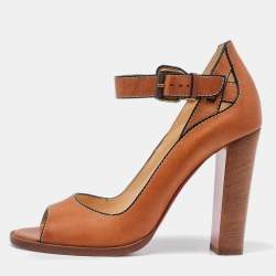 Pre Owned Christian Louboutin Brown Leather Open Toe Block Heel Ankle Strap Sandals Size 40