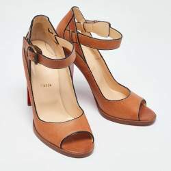 Pre Owned Christian Louboutin Brown Leather Open Toe Block Heel Ankle Strap Sandals Size 40