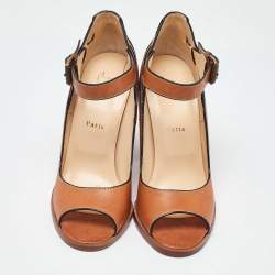 Pre Owned Christian Louboutin Brown Leather Open Toe Block Heel Ankle Strap Sandals Size 40