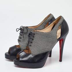 Pre Owned Christian Louboutin Black/White Leather And Tartan Fabric Platform Oxford Booties Size 39.5