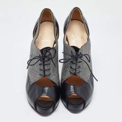 Pre Owned Christian Louboutin Black/White Leather And Tartan Fabric Platform Oxford Booties Size 39.5