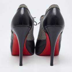 Pre Owned Christian Louboutin Black/White Leather And Tartan Fabric Platform Oxford Booties Size 39.5