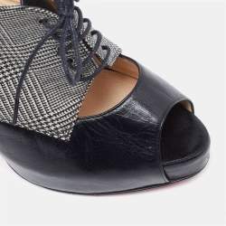 Pre Owned Christian Louboutin Black/White Leather And Tartan Fabric Platform Oxford Booties Size 39.5