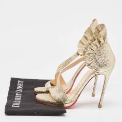 Christian Louboutin Gold Texture Leather Ruffle Embellishment Sandals Size 37