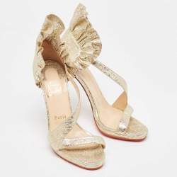 Christian Louboutin Gold Texture Leather Ruffle Embellishment Sandals Size 37