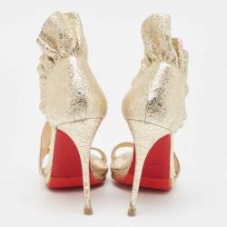 Christian Louboutin Gold Texture Leather Ruffle Embellishment Sandals Size 37