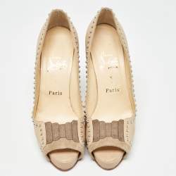 Pre Owned Christian Louboutin Beige Leather and Suede Open Toe  Pumps Size 37.5