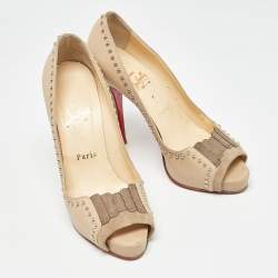 Pre Owned Christian Louboutin Beige Leather and Suede Open Toe  Pumps Size 37.5