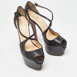 Pre Owned Christian Louboutin Black Leather Exagona Sandals Size 37.5