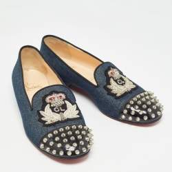 Christian Louboutin Blue Denim Spike Smoking Slippers Size 38.5