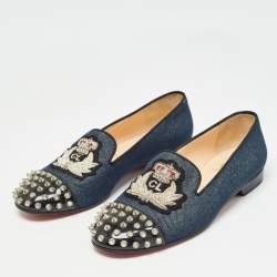 Christian Louboutin Blue Denim Spike Smoking Slippers Size 38.5