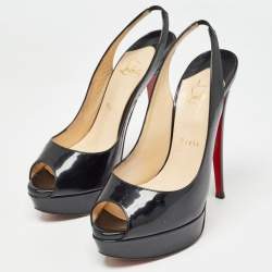 Christian Louboutin Black Patent Leather Lady Peep Slingback Pumps Size 38.5