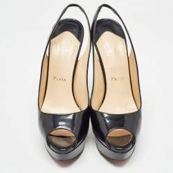 Christian Louboutin Black Patent Leather Lady Peep Slingback Pumps Size 38.5