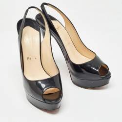 Christian Louboutin Black Patent Leather Lady Peep Slingback Pumps Size 38.5