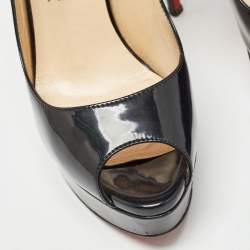 Christian Louboutin Black Patent Leather Lady Peep Slingback Pumps Size 38.5