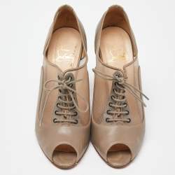 Christian Louboutin Beige Mesh and Leather Flannel Lady Peep Toe Lace Up Oxford Booties Size 38.5