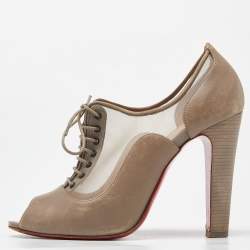 Christian Louboutin Beige Mesh and Leather Flannel Lady Peep Toe Lace Up Oxford Booties Size 38.5