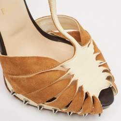 Christian Louboutin Brown/Beige Suede and Leather Zigounette Spiked Sandals Size 38