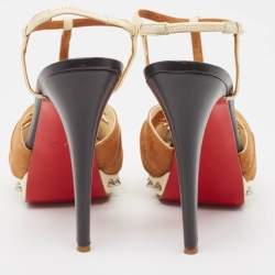 Christian Louboutin Brown/Beige Suede and Leather Zigounette Spiked Sandals Size 38