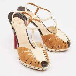 Christian Louboutin Brown/Beige Suede and Leather Zigounette Spiked Sandals Size 38
