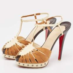 Christian Louboutin Brown/Beige Suede and Leather Zigounette Spiked Sandals Size 38