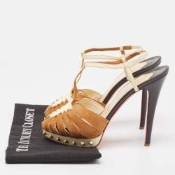 Christian Louboutin Brown/Beige Suede and Leather Zigounette Spiked Sandals Size 38