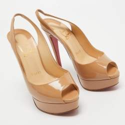 Christian Louboutin Beige Patent Leather Lady Peep Slingback Pumps Size 36.5