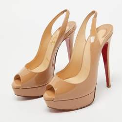 Christian Louboutin Beige Patent Leather Lady Peep Slingback Pumps Size 36.5