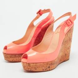 Christian Louboutin Neon Peach Patent Leather Une Plume Wedge Slingback Pumps Size 38