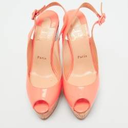 Christian Louboutin Neon Peach Patent Leather Une Plume Wedge Slingback Pumps Size 38