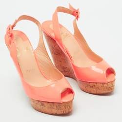 Christian Louboutin Neon Peach Patent Leather Une Plume Wedge Slingback Pumps Size 38