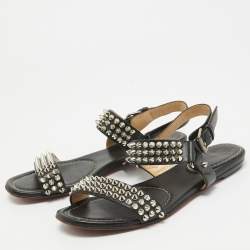 Christian Louboutin Black Leather Bikee Bike Spikes Flat Sandals Size 37