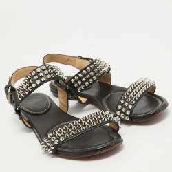 Christian Louboutin Black Leather Bikee Bike Spikes Flat Sandals Size 37