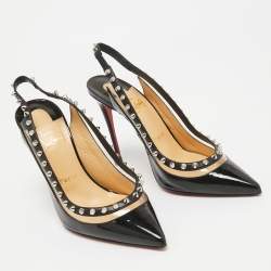 Pre Owned Christian Louboutin Black Patent Leather and PVC Brigadine Spike Slingback Sandals Size 38