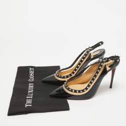 Pre Owned Christian Louboutin Black Patent Leather and PVC Brigadine Spike Slingback Sandals Size 38