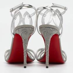 مملوكة مسبقًا Christian Louboutin Silver Leather Crystal Embellished Double L Sandals Size 39