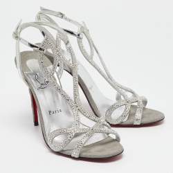 مملوكة مسبقًا Christian Louboutin Silver Leather Crystal Embellished Double L Sandals Size 39