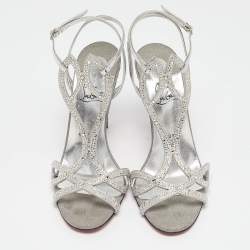 مملوكة مسبقًا Christian Louboutin Silver Leather Crystal Embellished Double L Sandals Size 39